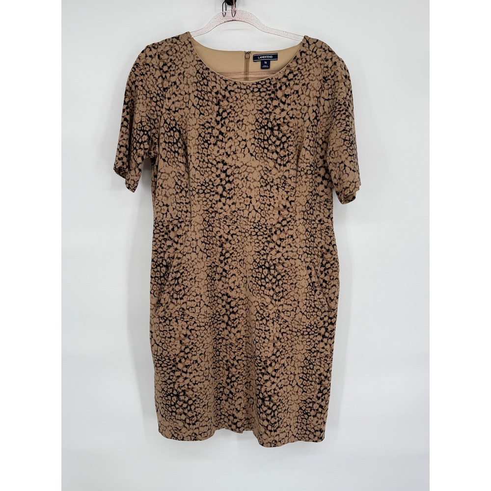 Lands End Women's Brown Animal Print Career Casual Dress Sz 16‎ Short Sleeves